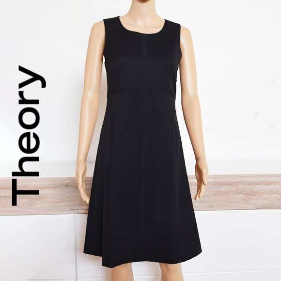 Theory Stretch Wool Black Sleeveless A-Line Silhouette Dress with Silk Inserts. - Picture 1 of 12